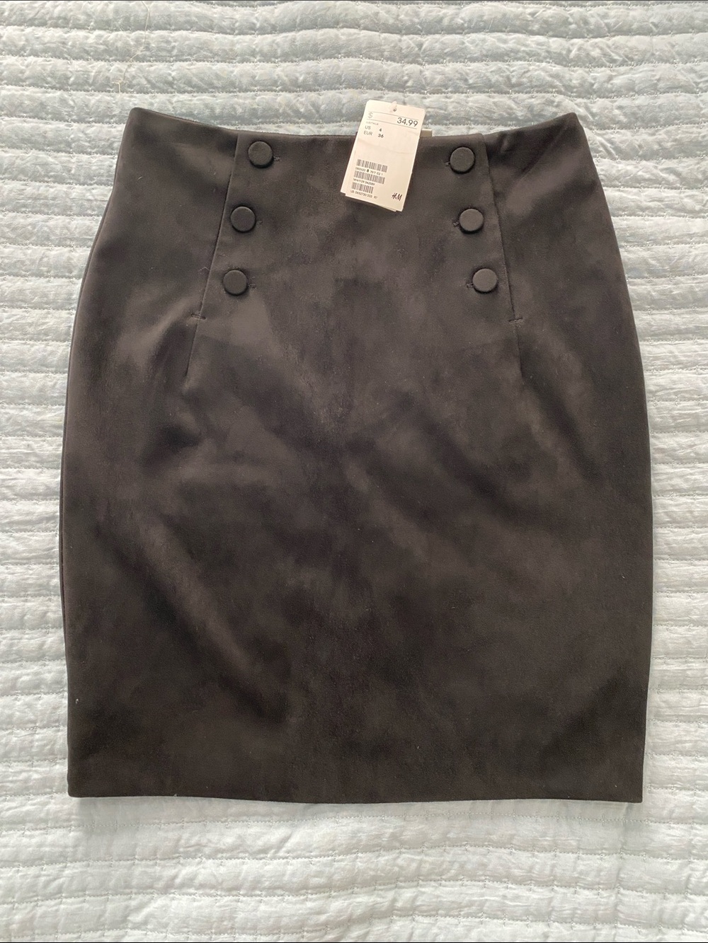 H&M Black Faux Seude Double-Button High-Waist Pencil Skirt